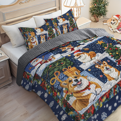 Shineful All Season Quilt 3-Piece Set Christmas Corgi Love