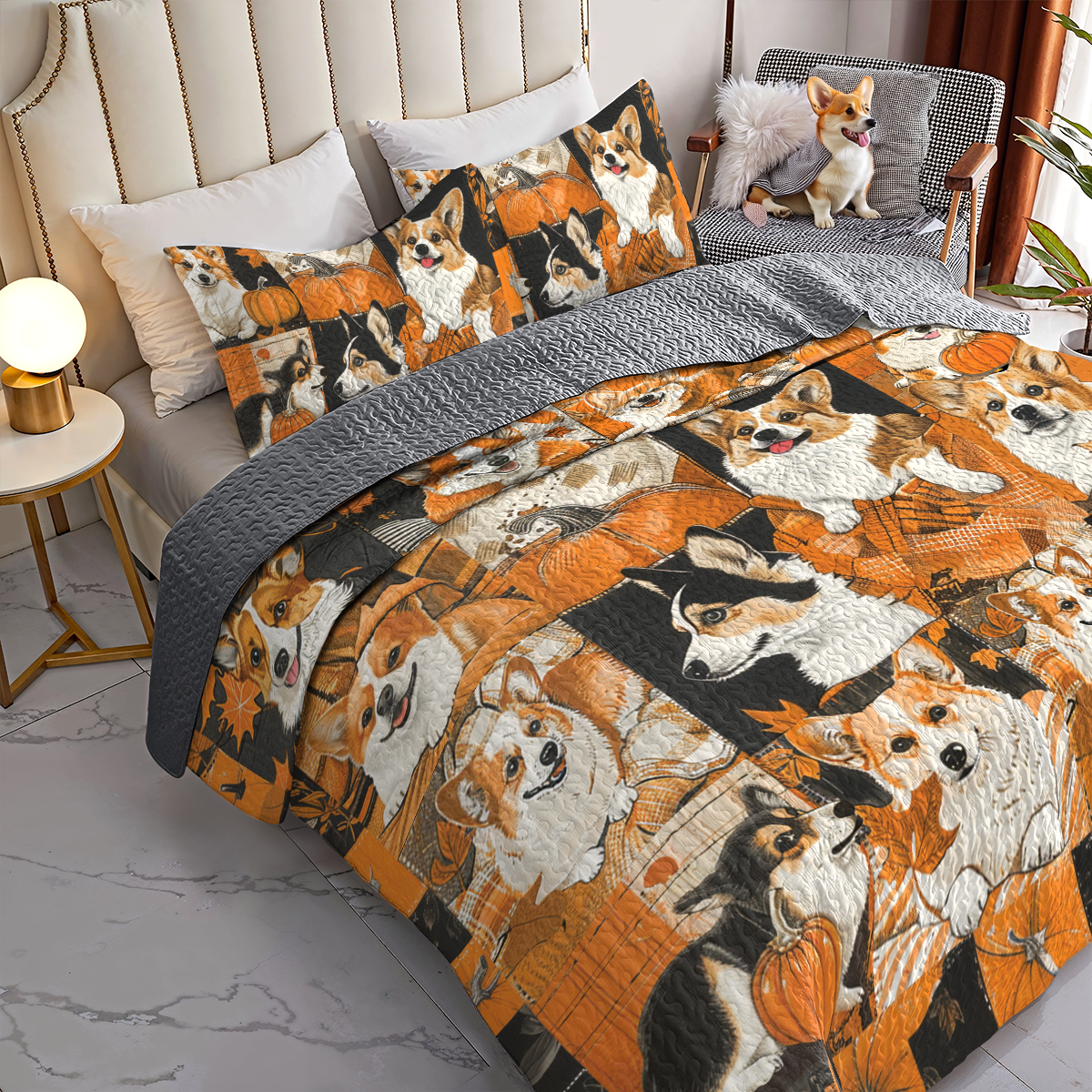 Shineful All Season Quilt 3-Piece Set Fluffy Corgi Autumn