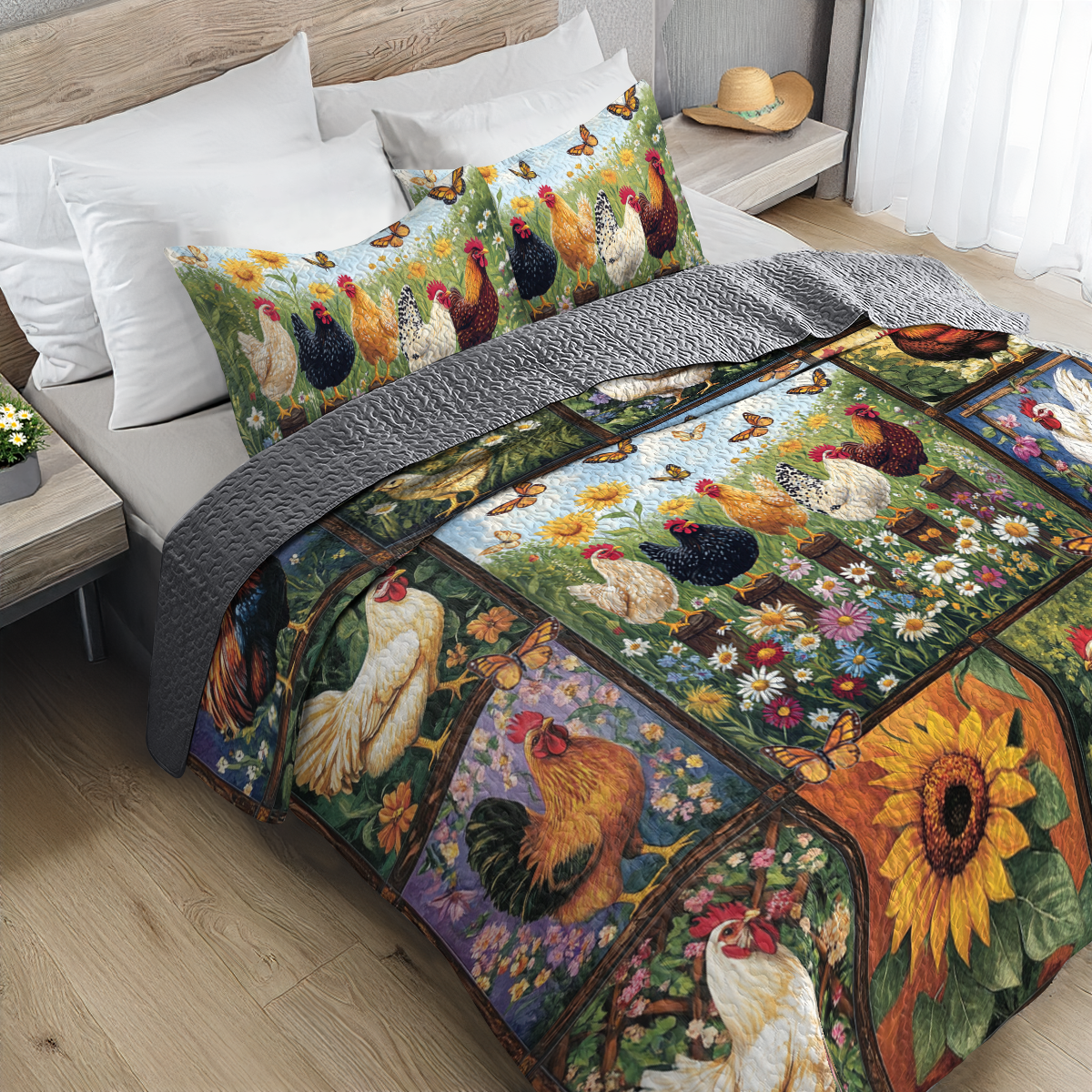 Shineful All Season Quilt 3-Piece Set Chicken Garden Charm