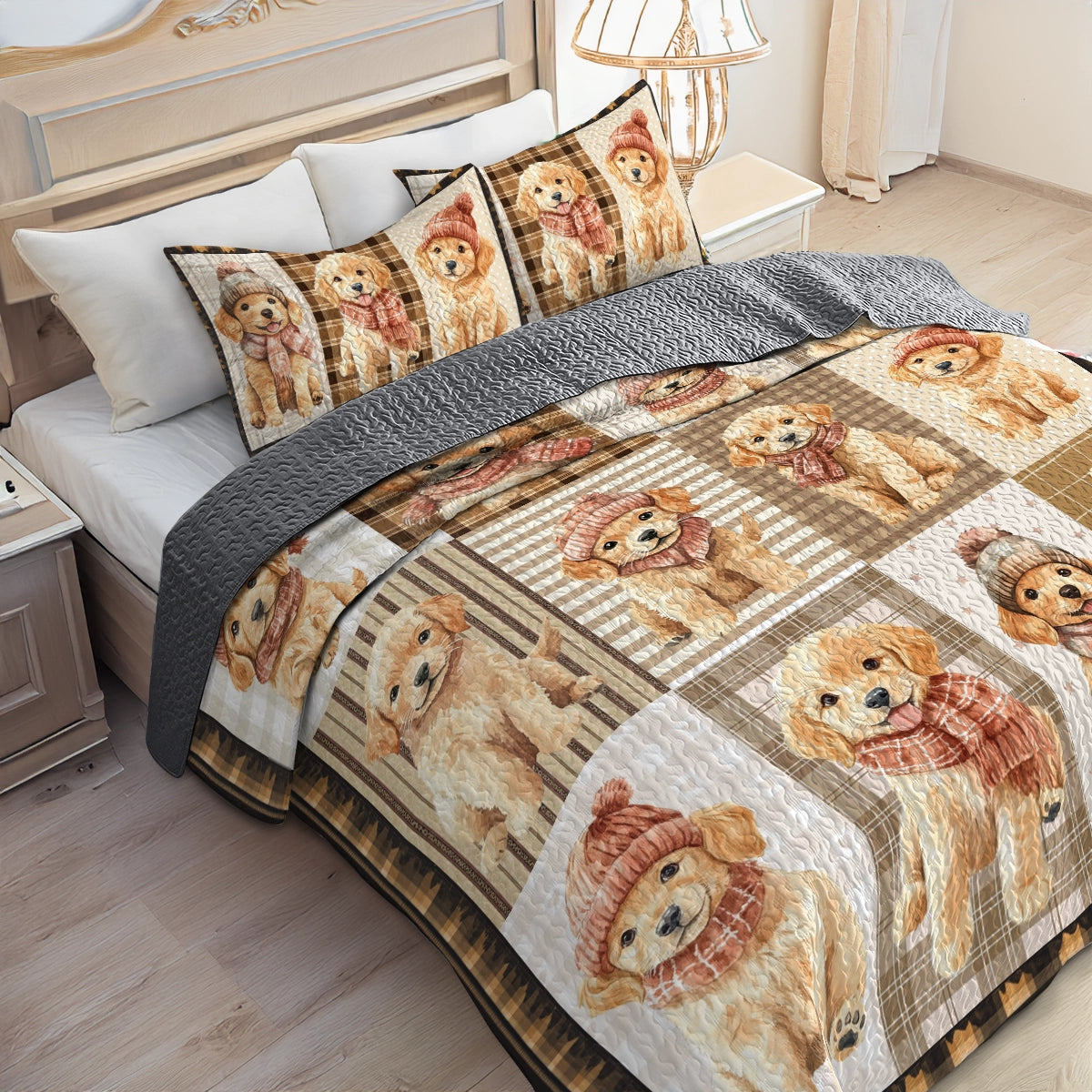 Shineful All Season Quilt 3-Piece Set Golden Retriever Puppies Cozy Moments