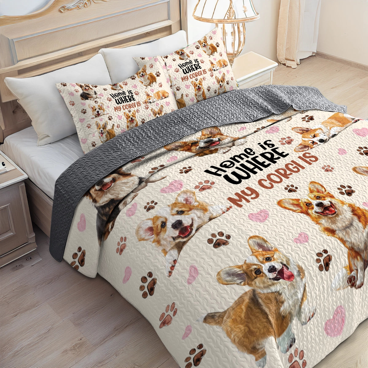 Shineful All Season Quilt 3-Piece Set Happy Home Corgi