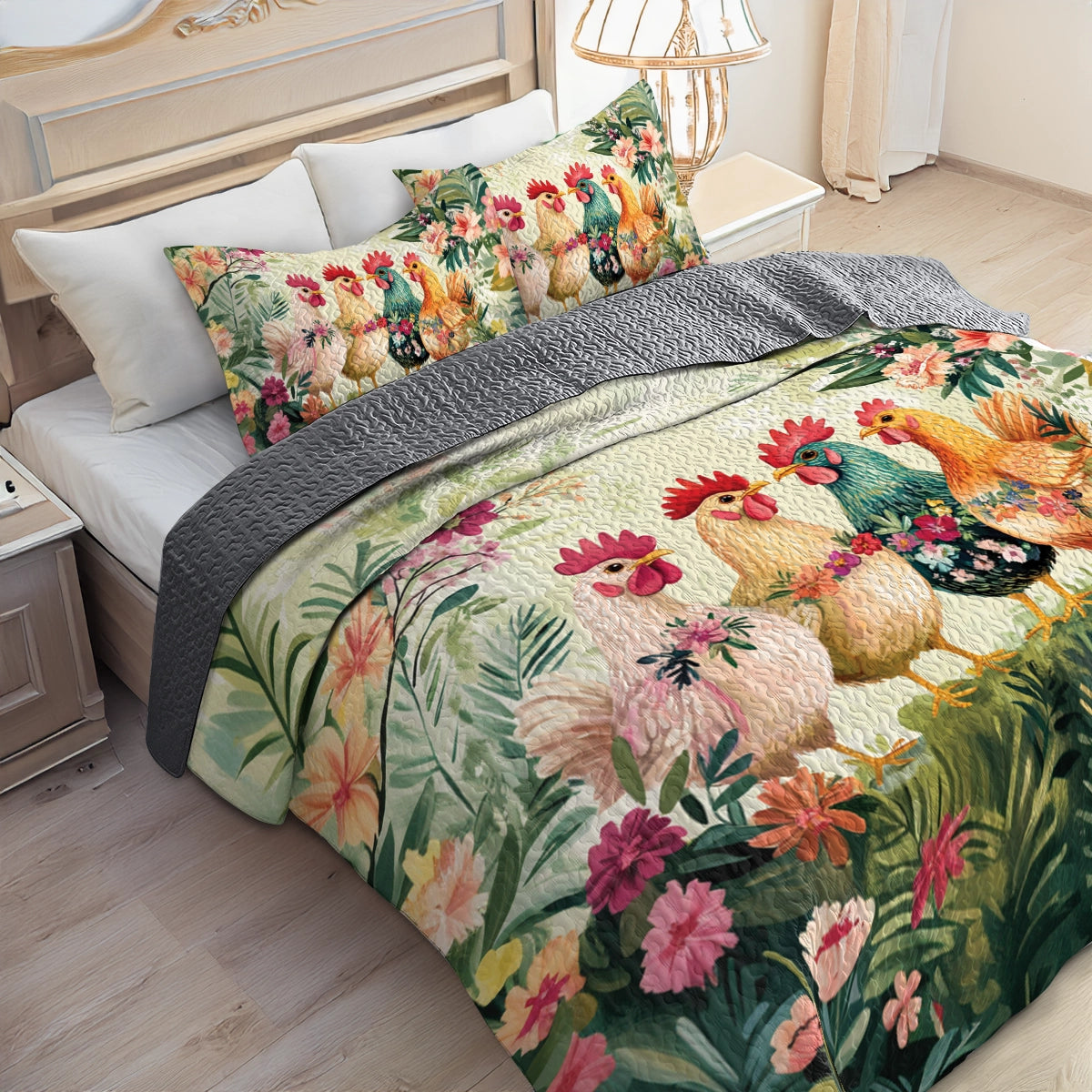 Shineful All Season Quilt 3-Piece Set Chicken Tropical Cluck Quilt