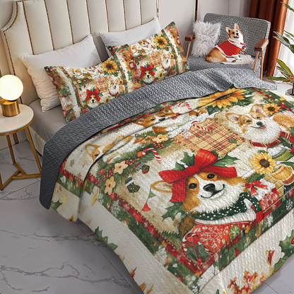 Shineful All Season Quilt 3-Piece Set Merry Corgi Christmas