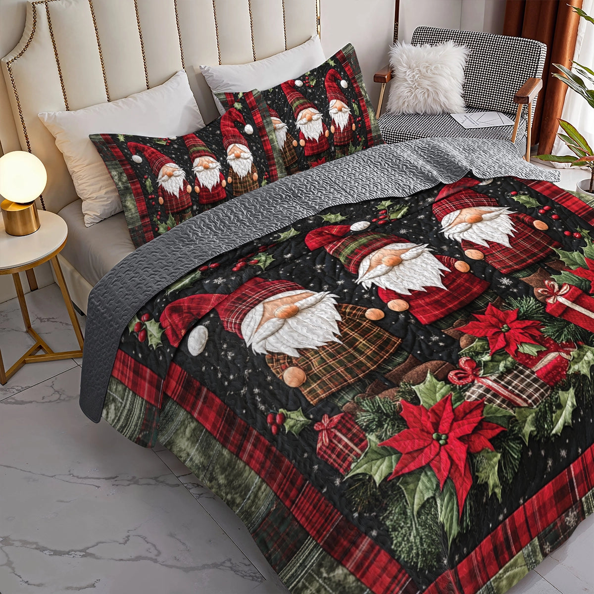 Shineful Flat Print Quilt 3-Piece Set Gnome Christmas Charm