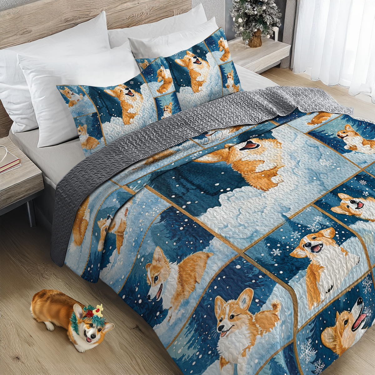 Shineful All Season Quilt 3-Piece Set Happy Snowy Corgi