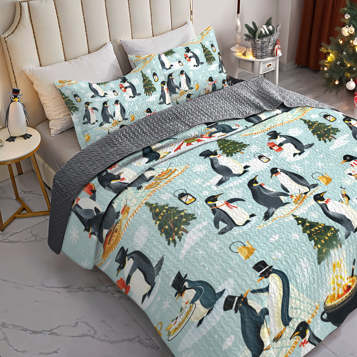 Shineful All Season Quilt 3-Piece Set Emperor Penguin Holiday Fun