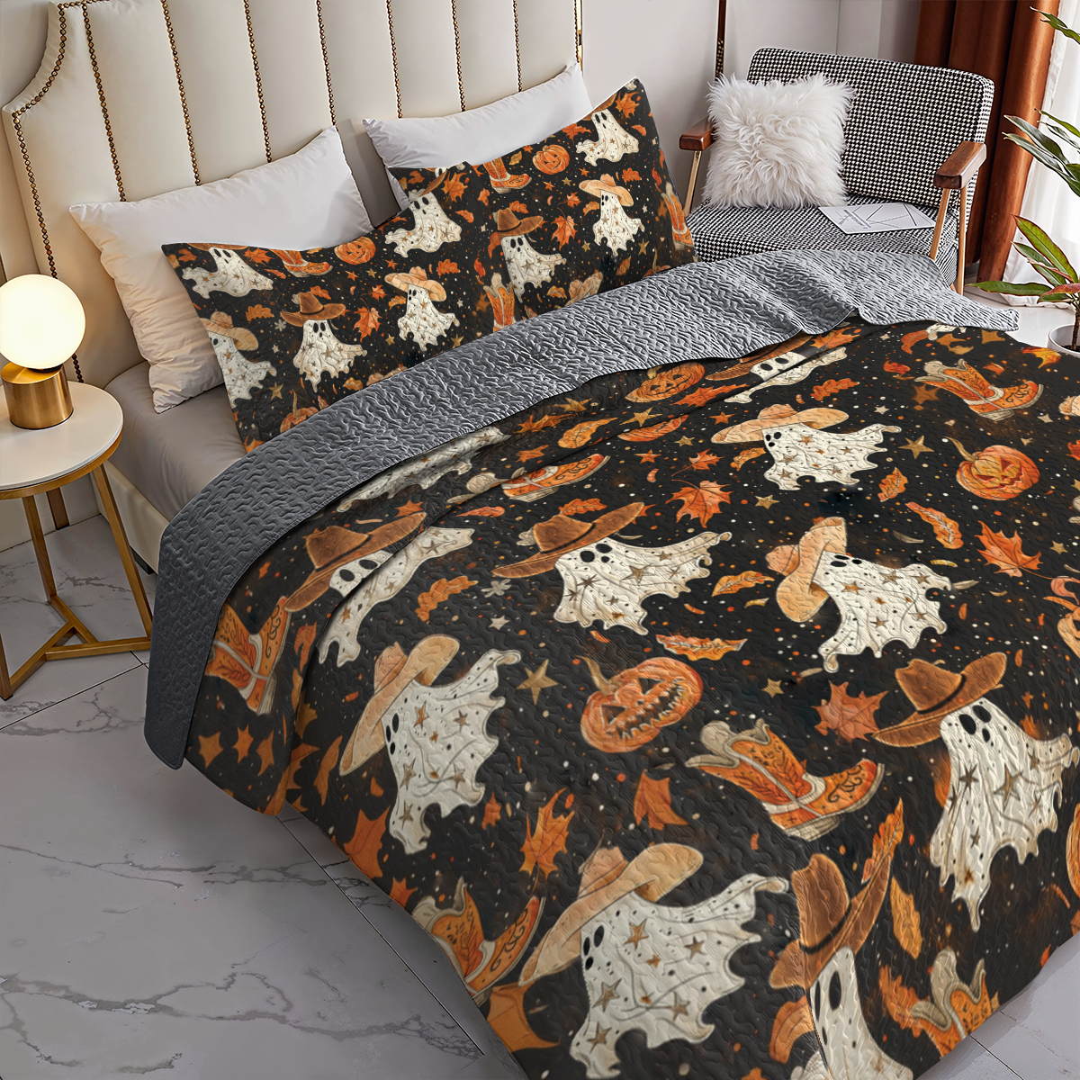 Shineful All Season Quilt 3-Piece Set Brown Ghostly Cowboy