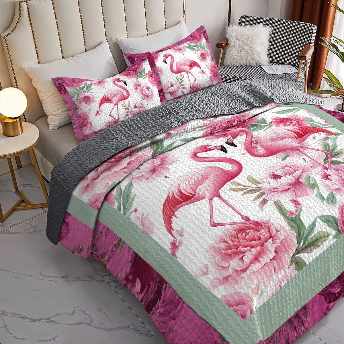 Shineful All Season Quilt 3-Piece Set - Flamingo Blossom