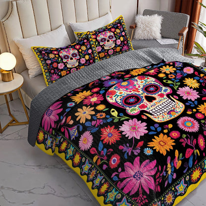 Shineful All Season Quilt 3-Piece Set - Vibrant Skull Floral