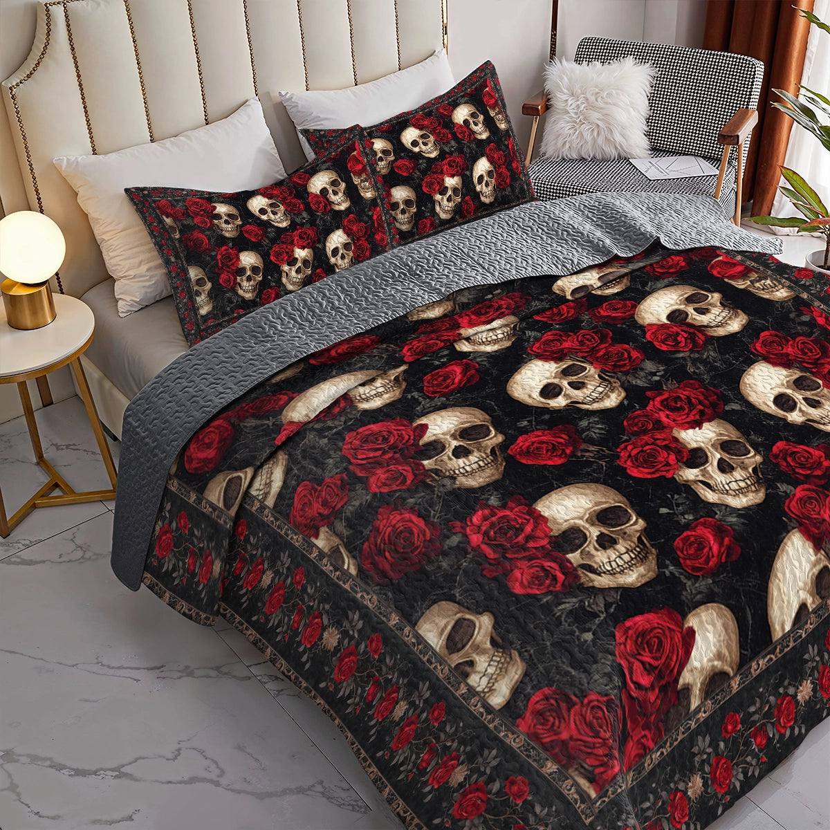 Shineful All Season Quilt 3-Piece Set - The Elegance Of Skulls