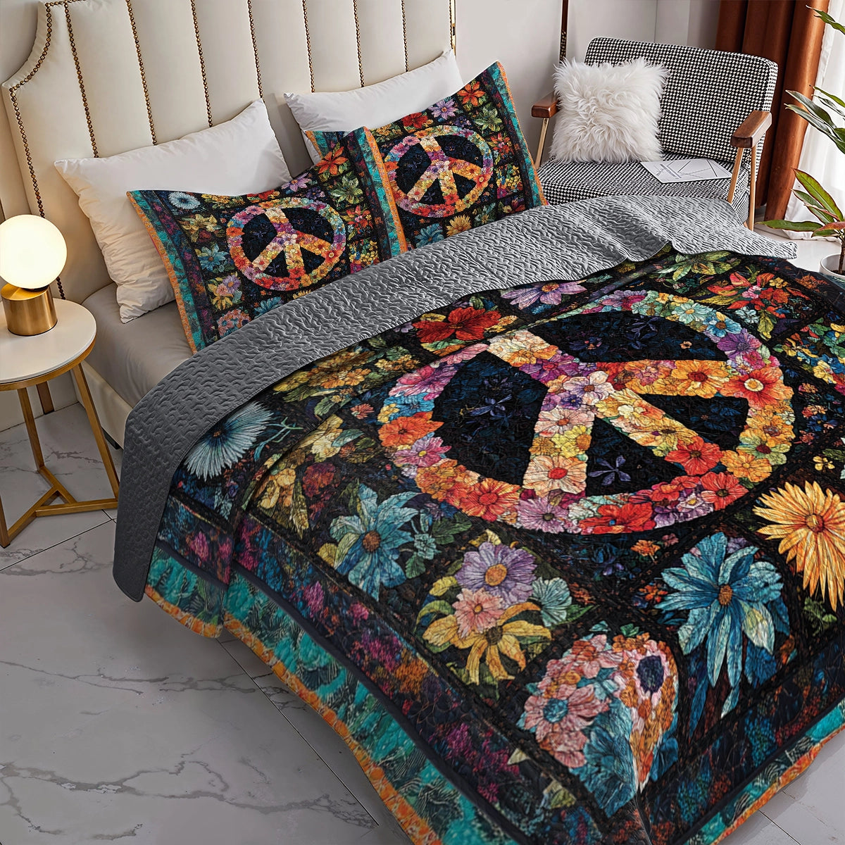 Shineful All Season Quilt 3-Piece Set - Hippie Peace Blossom