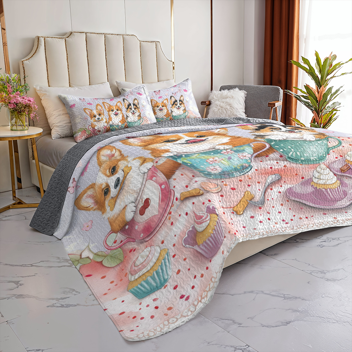 Shineful All Season Quilt 3-Piece Set Pink Tea Party Corgis