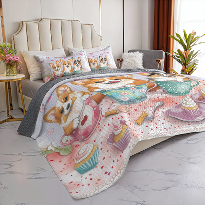 Shineful All Season Quilt 3-Piece Set Pink Tea Party Corgis