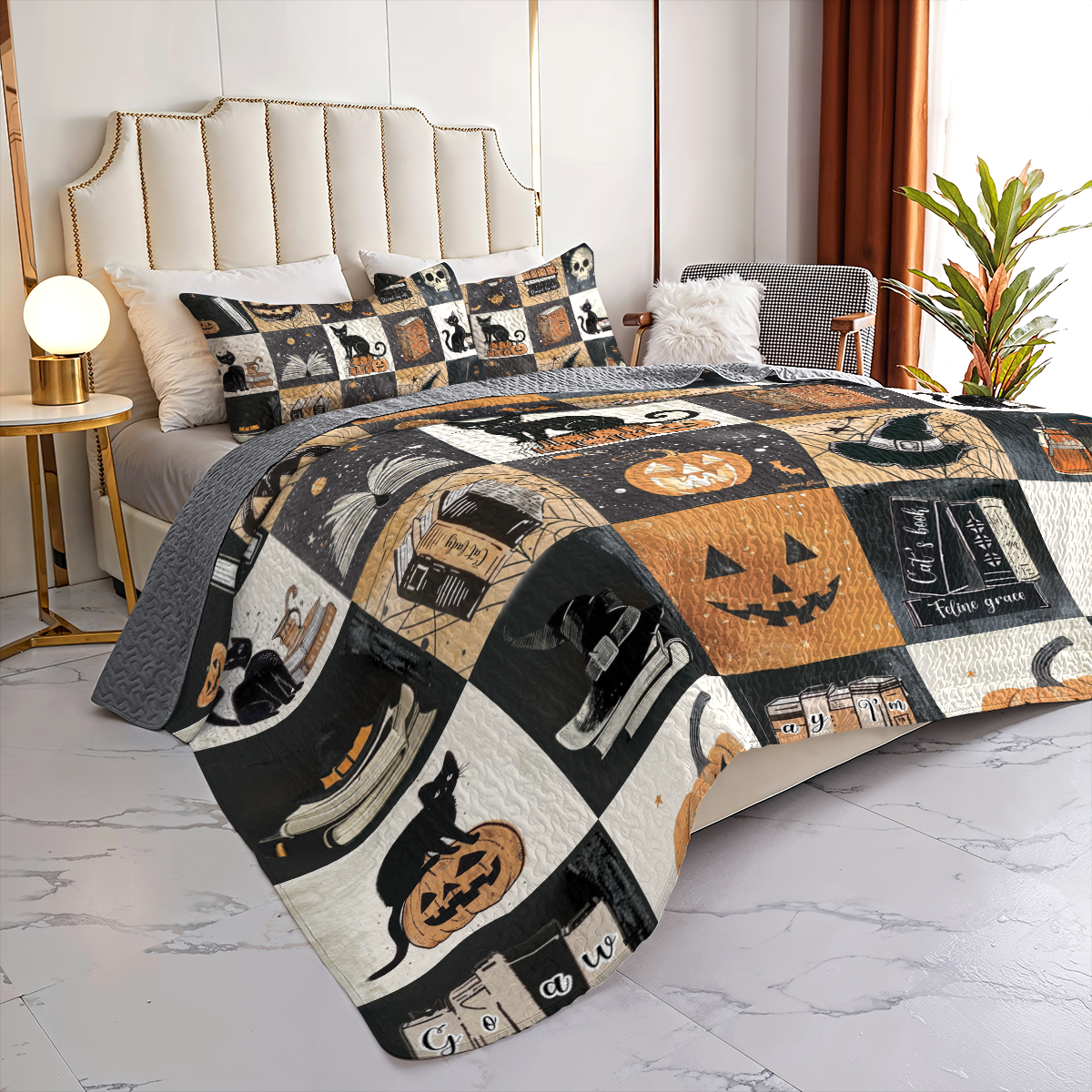 Shineful All Season Quilt 3-Piece Set Halloween Bookish Cat