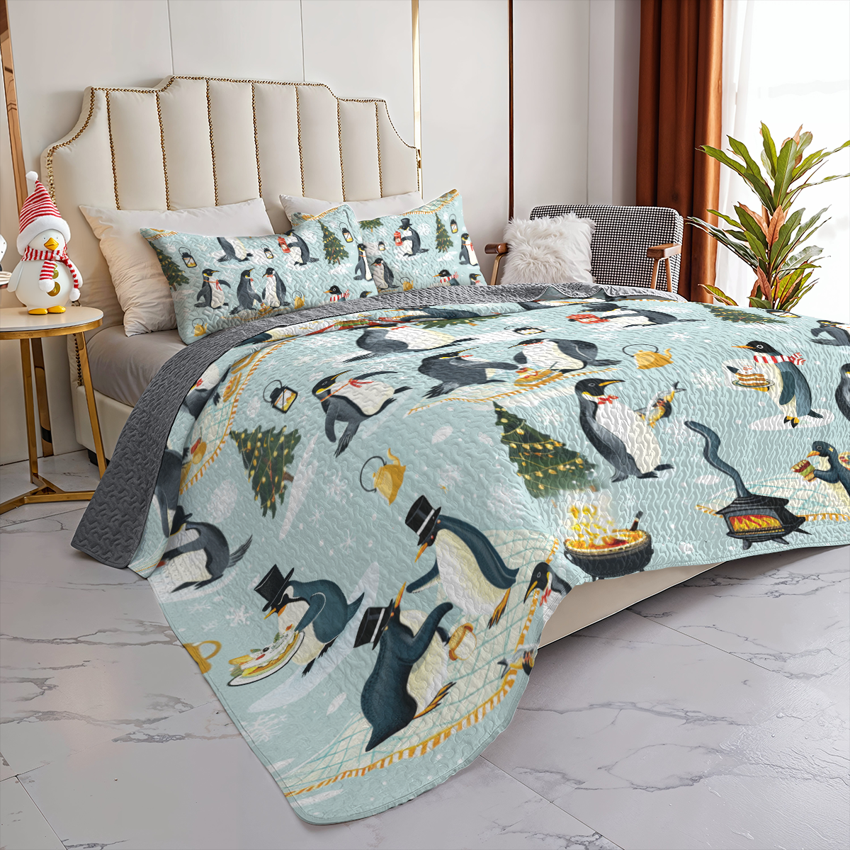 Shineful All Season Quilt 3-Piece Set Emperor Penguin Holiday Fun