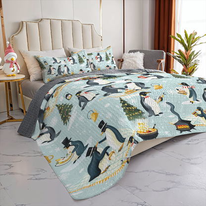 Shineful All Season Quilt 3-Piece Set Emperor Penguin Holiday Fun