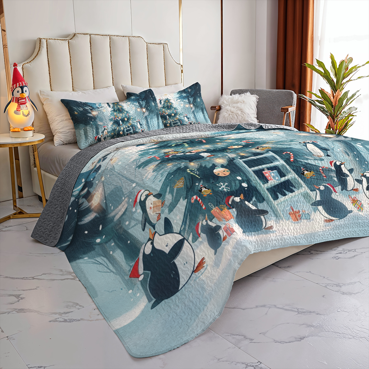 Shineful All Season Quilt 3-Piece Set Penguin Tree Decorating Delight