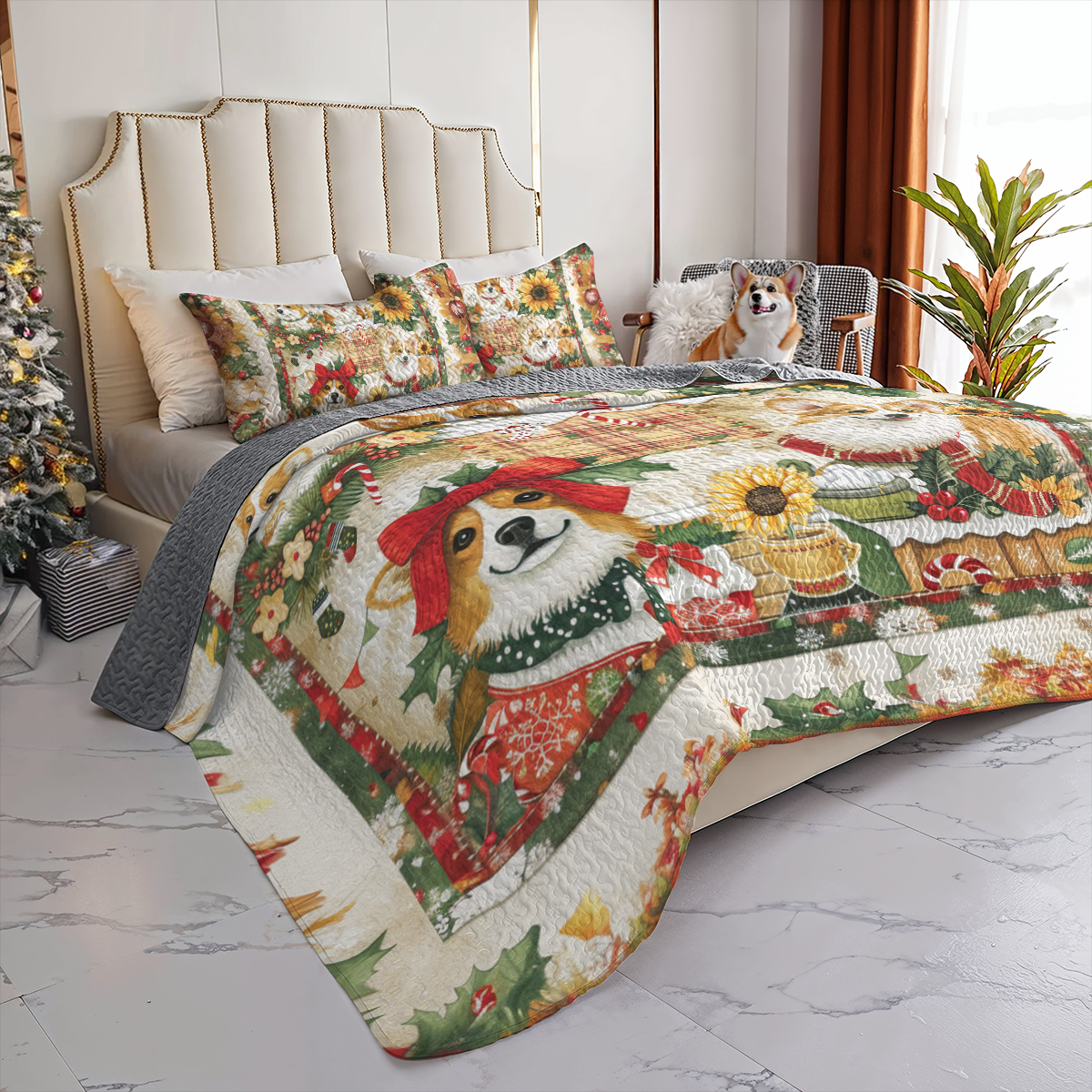 Shineful All Season Quilt 3-Piece Set Merry Corgi Christmas