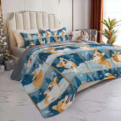 Shineful All Season Quilt 3-Piece Set Winter Corgi Joy