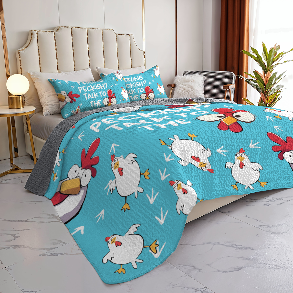 Shineful All Season Quilt 3-Piece Set Talk to the Chicken Blue