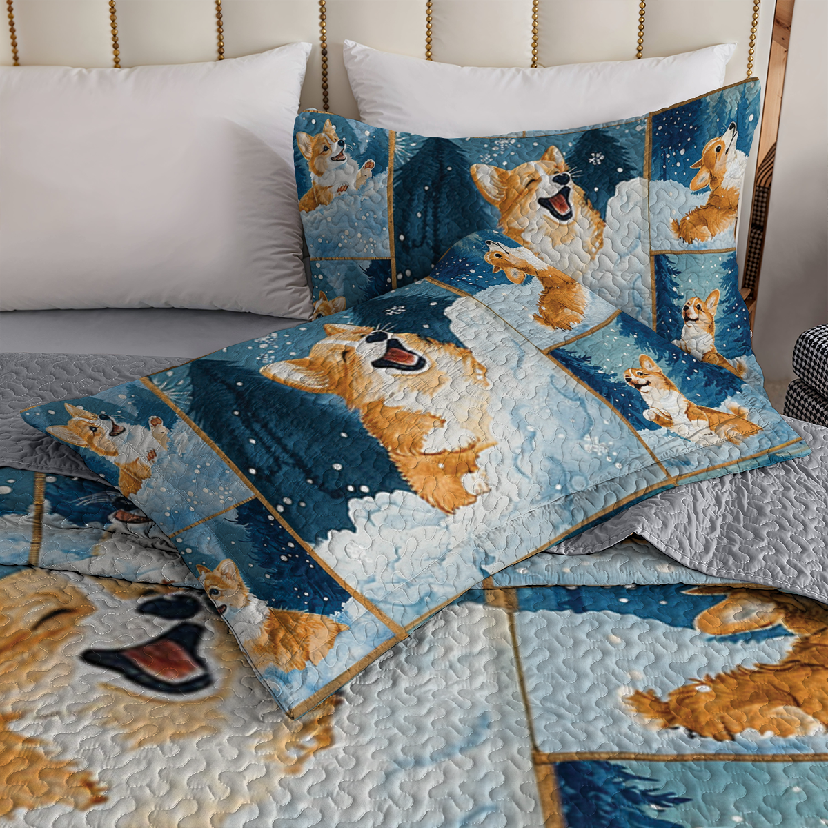 Shineful All Season Quilt 3-Piece Set Happy Snowy Corgi