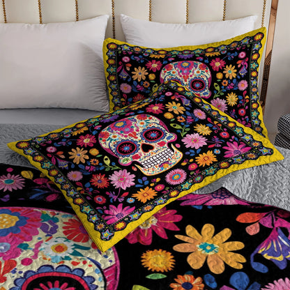 Shineful All Season Quilt 3-Piece Set - Vibrant Skull Floral