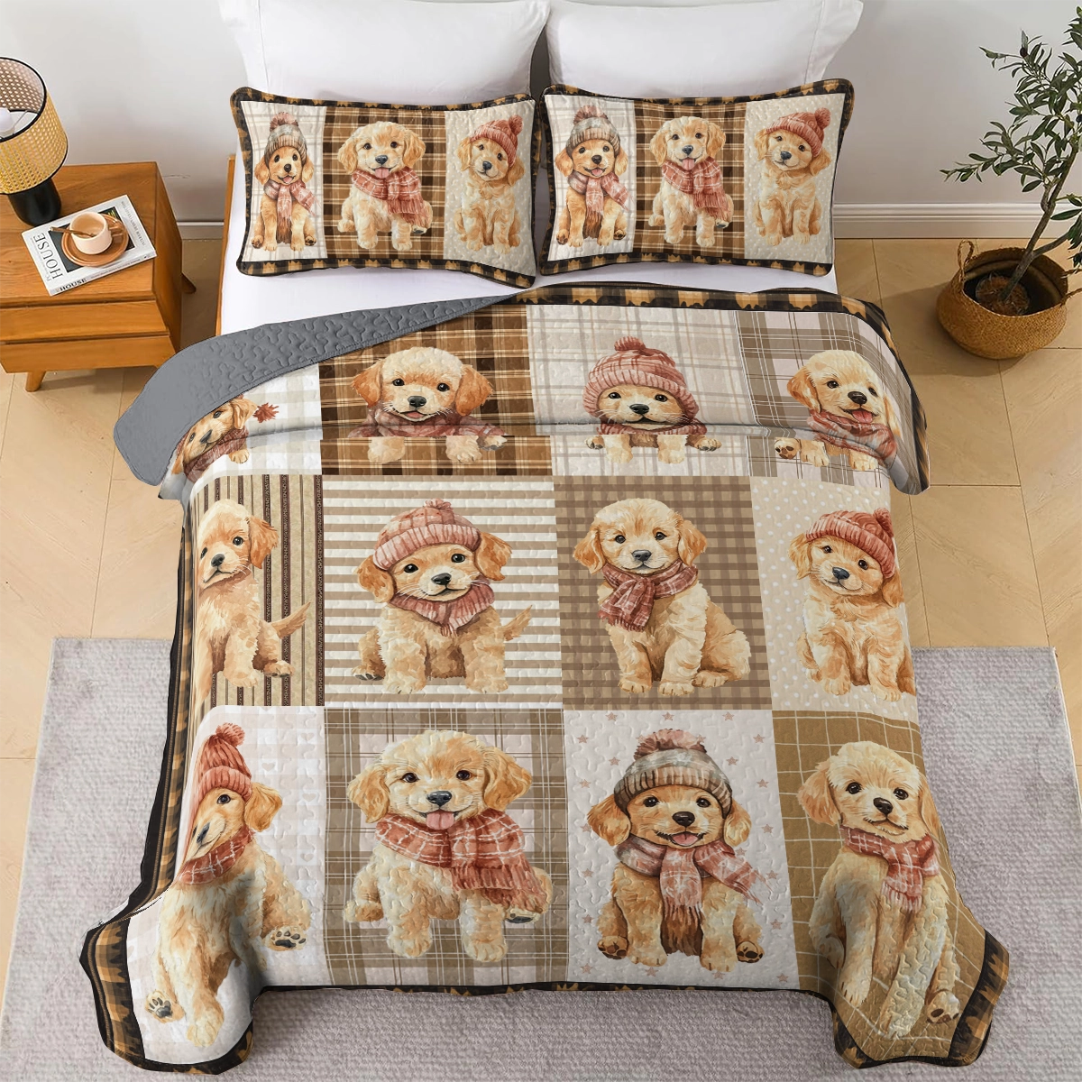 Shineful All Season Quilt 3-Piece Set Golden Retriever Puppies Cozy Moments