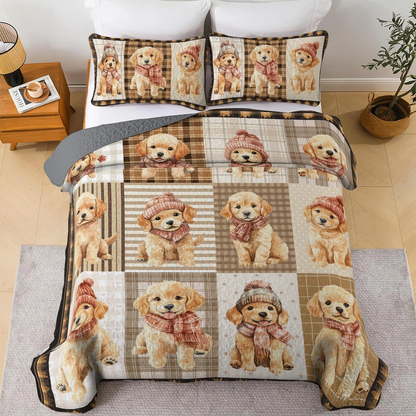 Shineful All Season Quilt 3-Piece Set Golden Retriever Puppies Cozy Moments