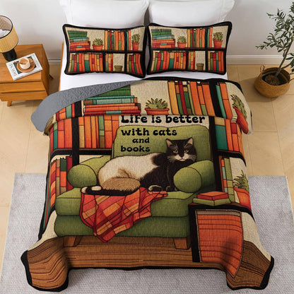 Shineful All Season Quilt 3-Piece Set Cats & Books