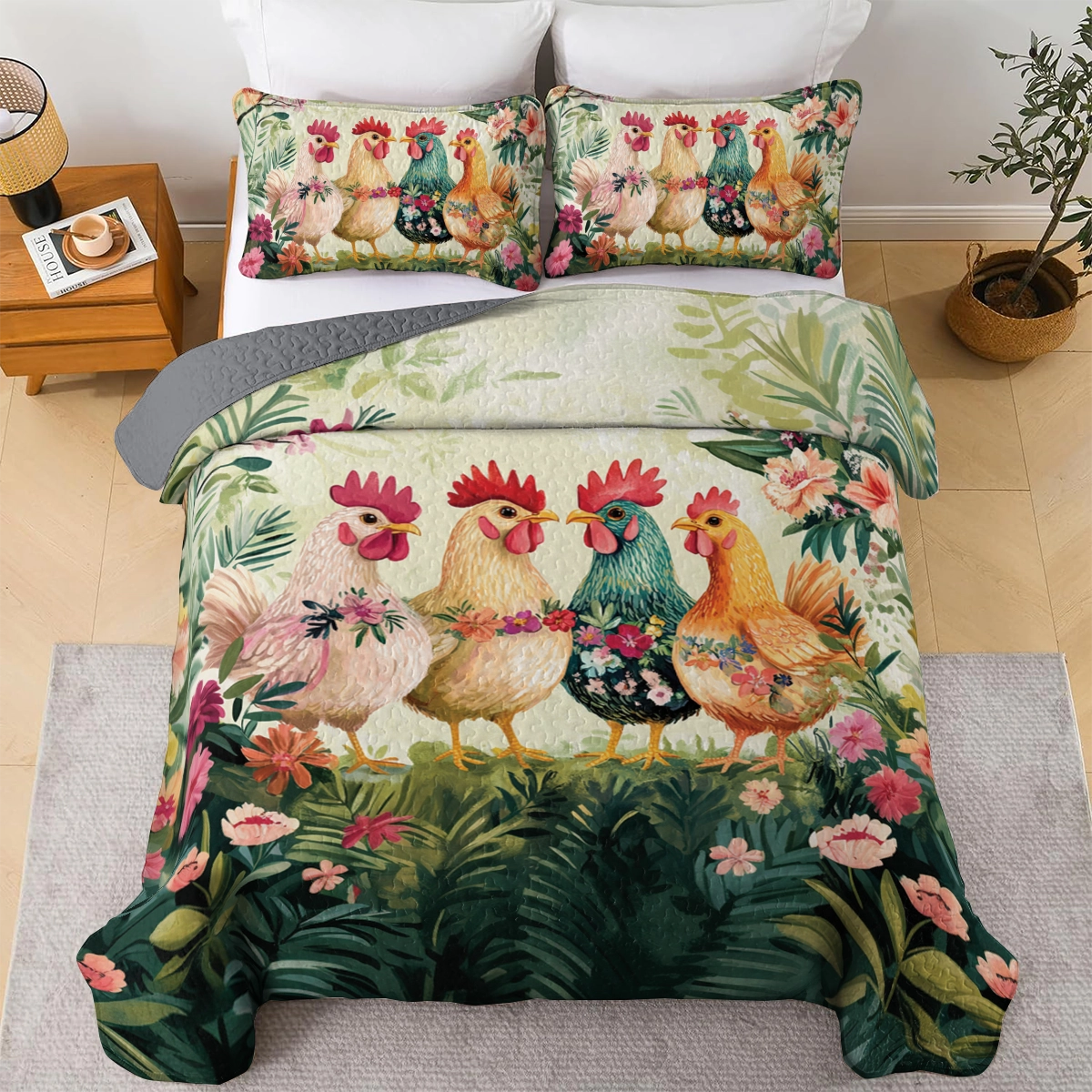 Shineful All Season Quilt 3-Piece Set Chicken Tropical Cluck Quilt