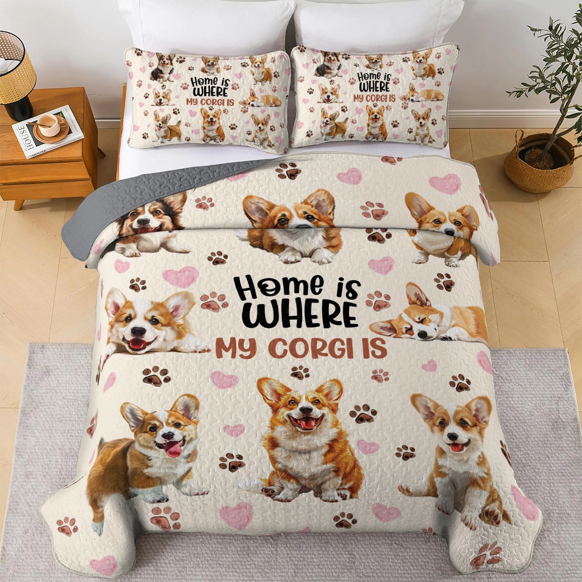 Shineful All Season Quilt 3-Piece Set Happy Home Corgi