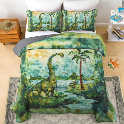 Shineful All Season Quilt 3-Piece Set Green Brachiosaurus Dinosaur