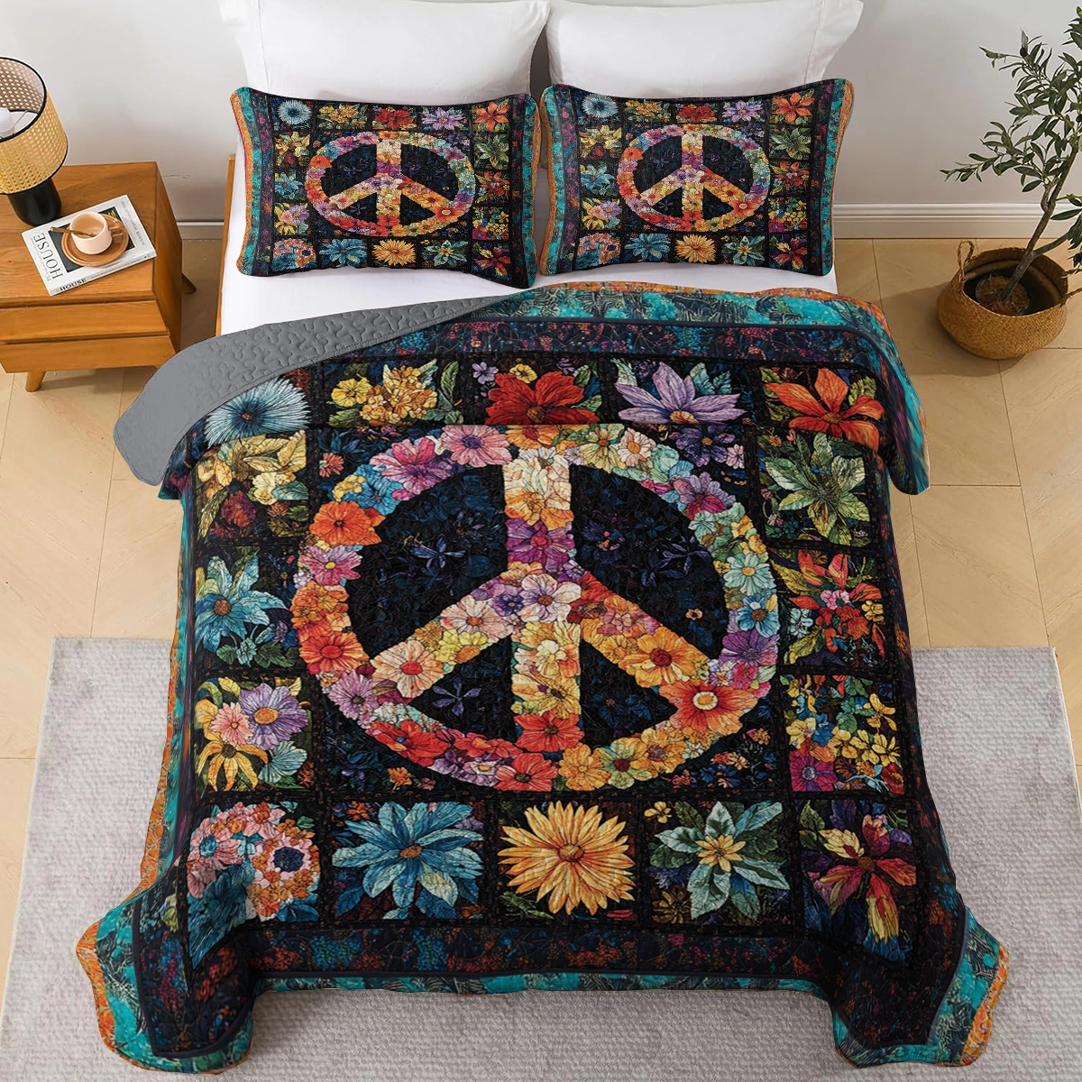 Shineful All Season Quilt 3-Piece Set - Hippie Peace Blossom