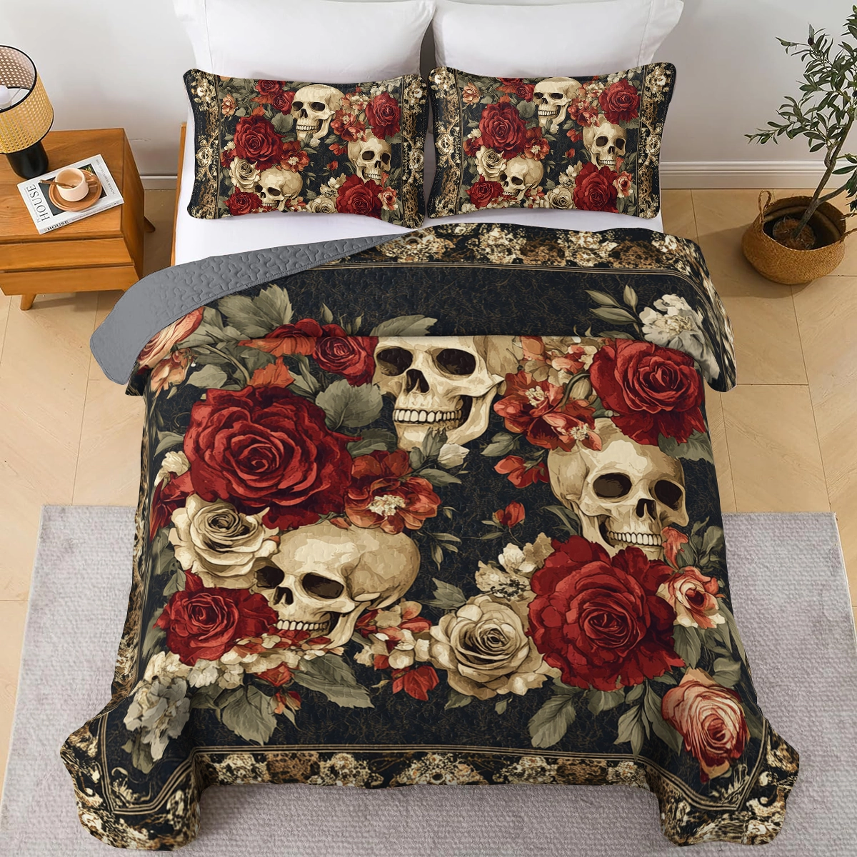 Shineful All Season Quilt 3-Piece Set Skull Crimson Shadows