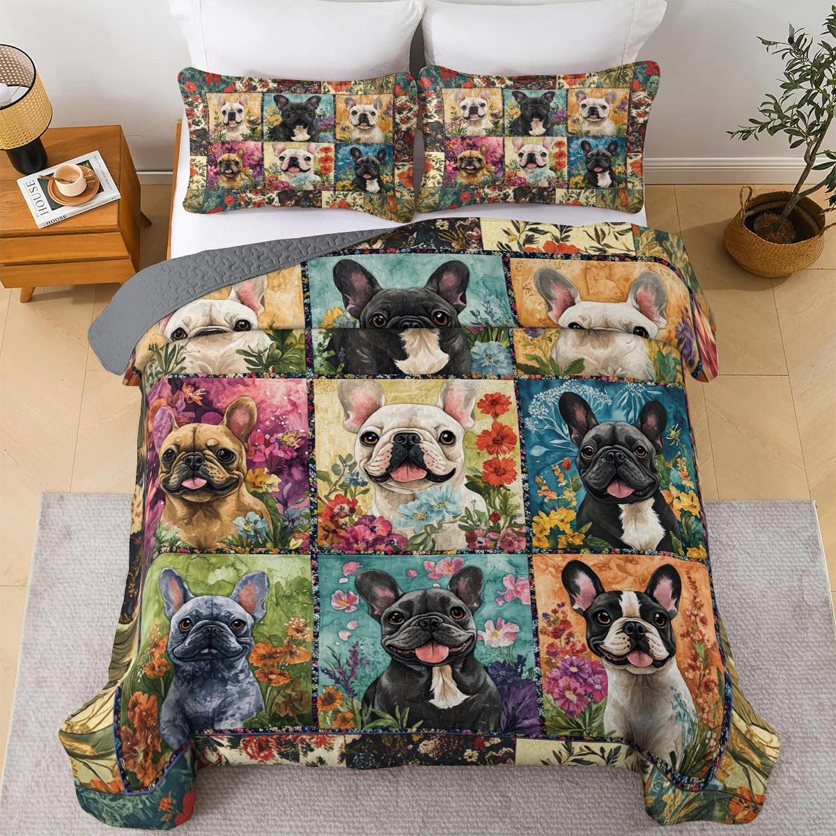 Shineful All Season Quilt 3-Piece Set - French Bulldog Garden