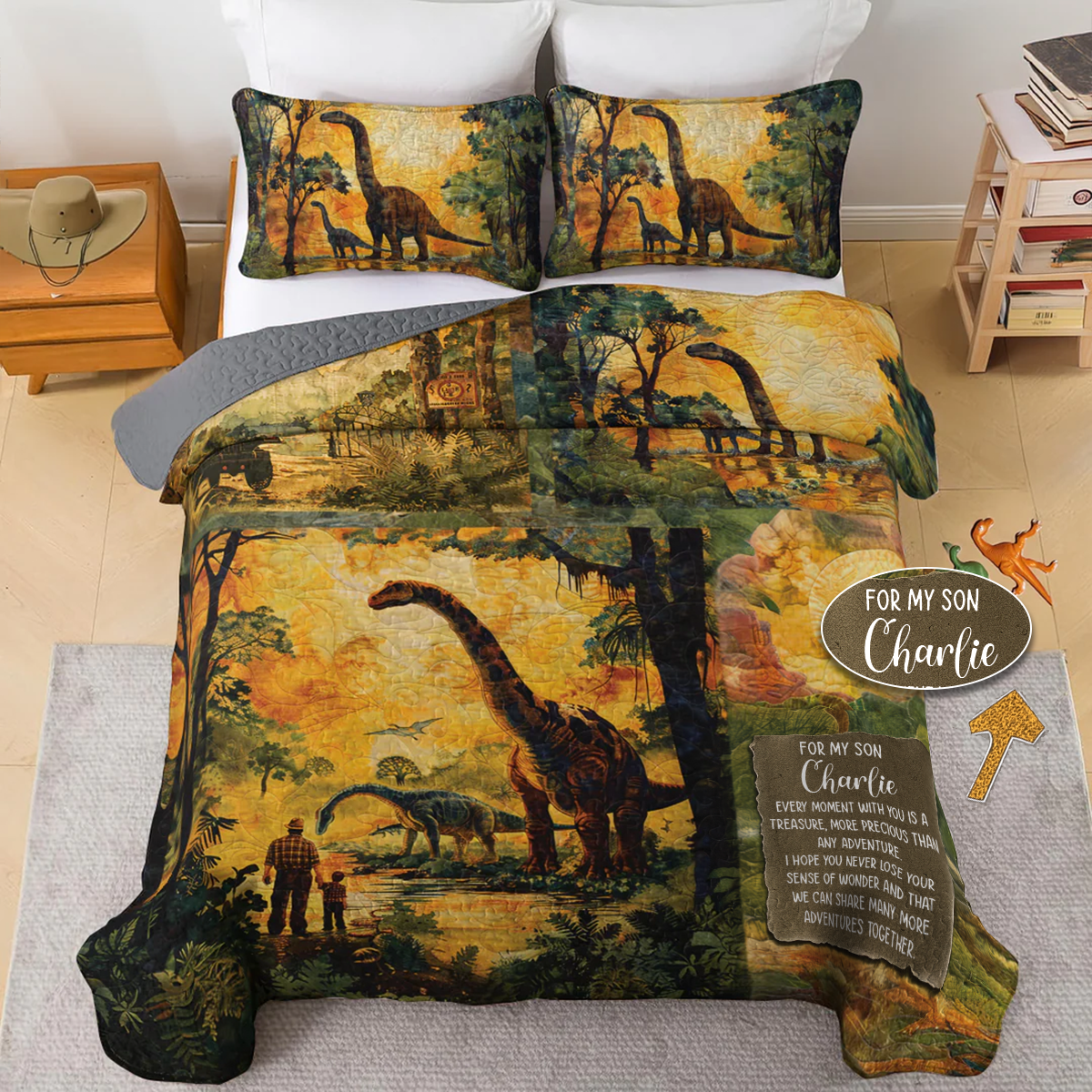 Shineful Personalized All Season Quilt 3-Piece Set Father-Son Dino Adventure