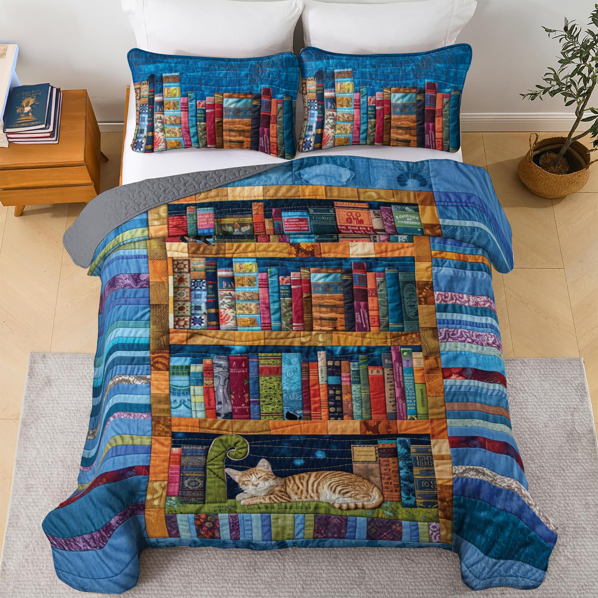 Shineful All Season Quilt 3-Piece Set Bookish Bookshelf Cat