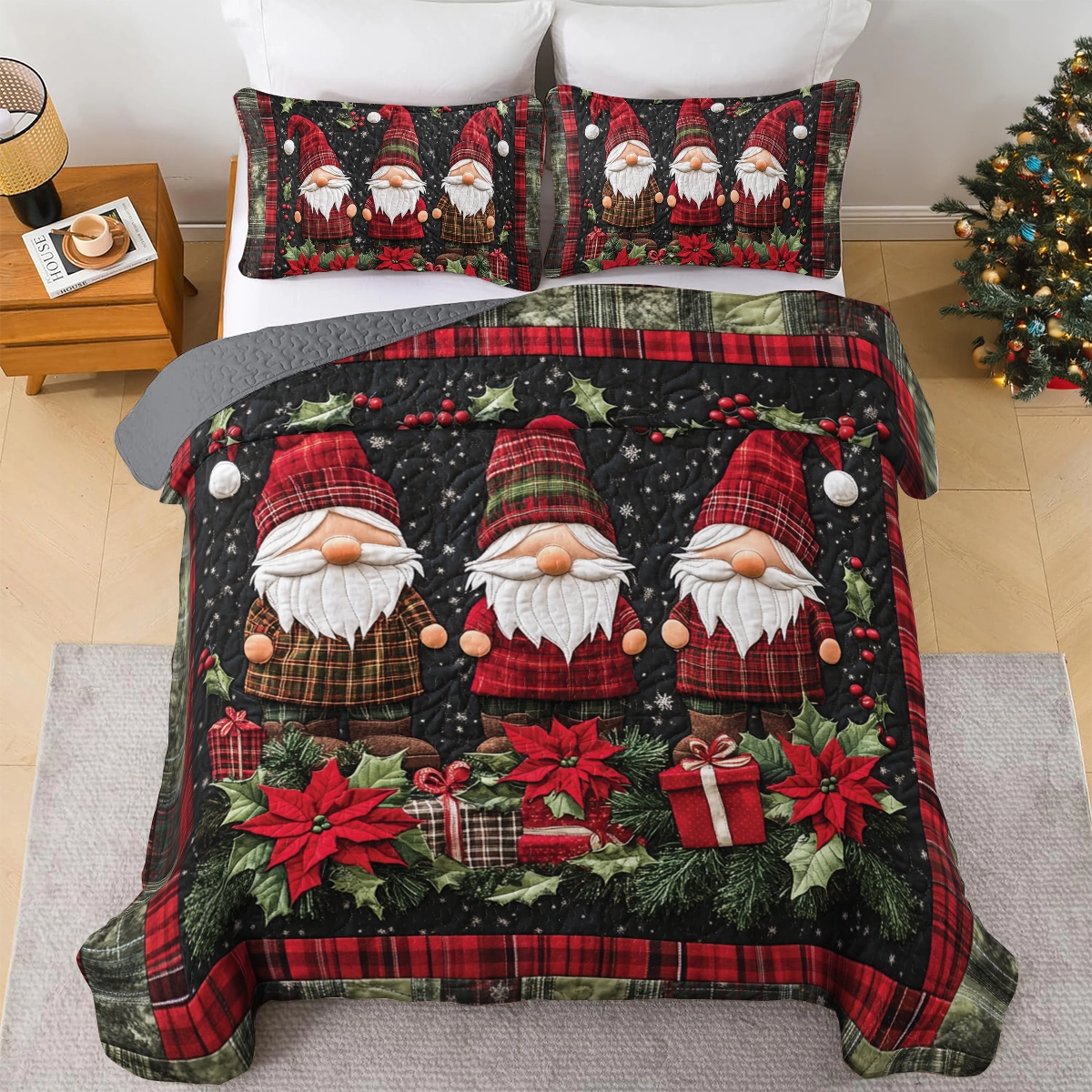 Shineful Flat Print Quilt 3-Piece Set Gnome Christmas Charm