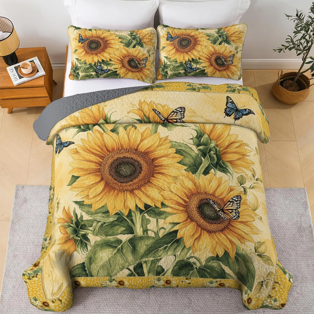 Ensemble de courtepointe toutes saisons Shineful 3 pièces - Golden Sunflower Dreams