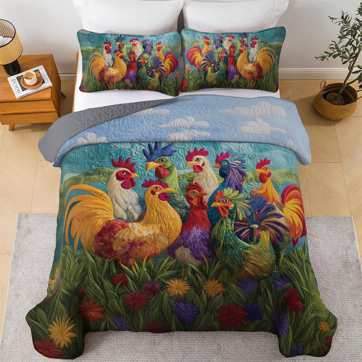 Shineful All Season Quilt 3-Piece Set Morning Glory Rooster