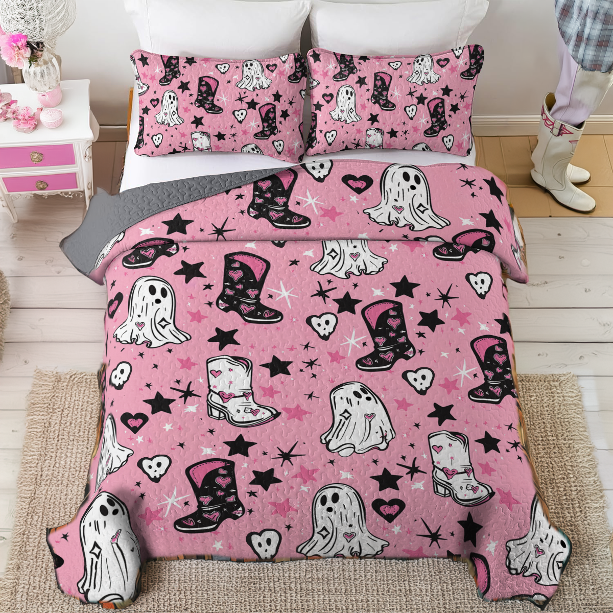 Shineful All Season Quilt 3-Piece Set Ghostly Pink Cowgirl