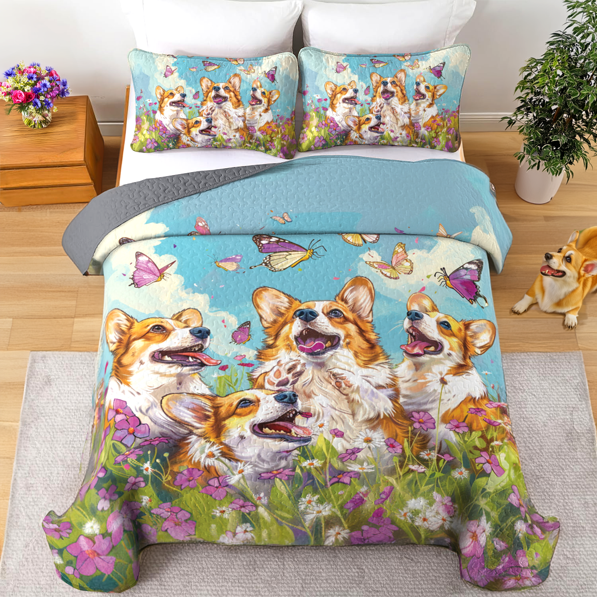 Shineful All Season Quilt 3-Piece Set Butterfly Corgi Joy