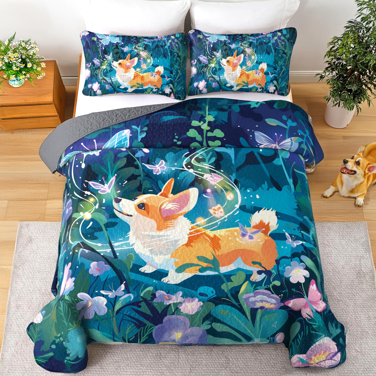 Shineful All Season Quilt 3-Piece Set Corgi Enchanted Garden