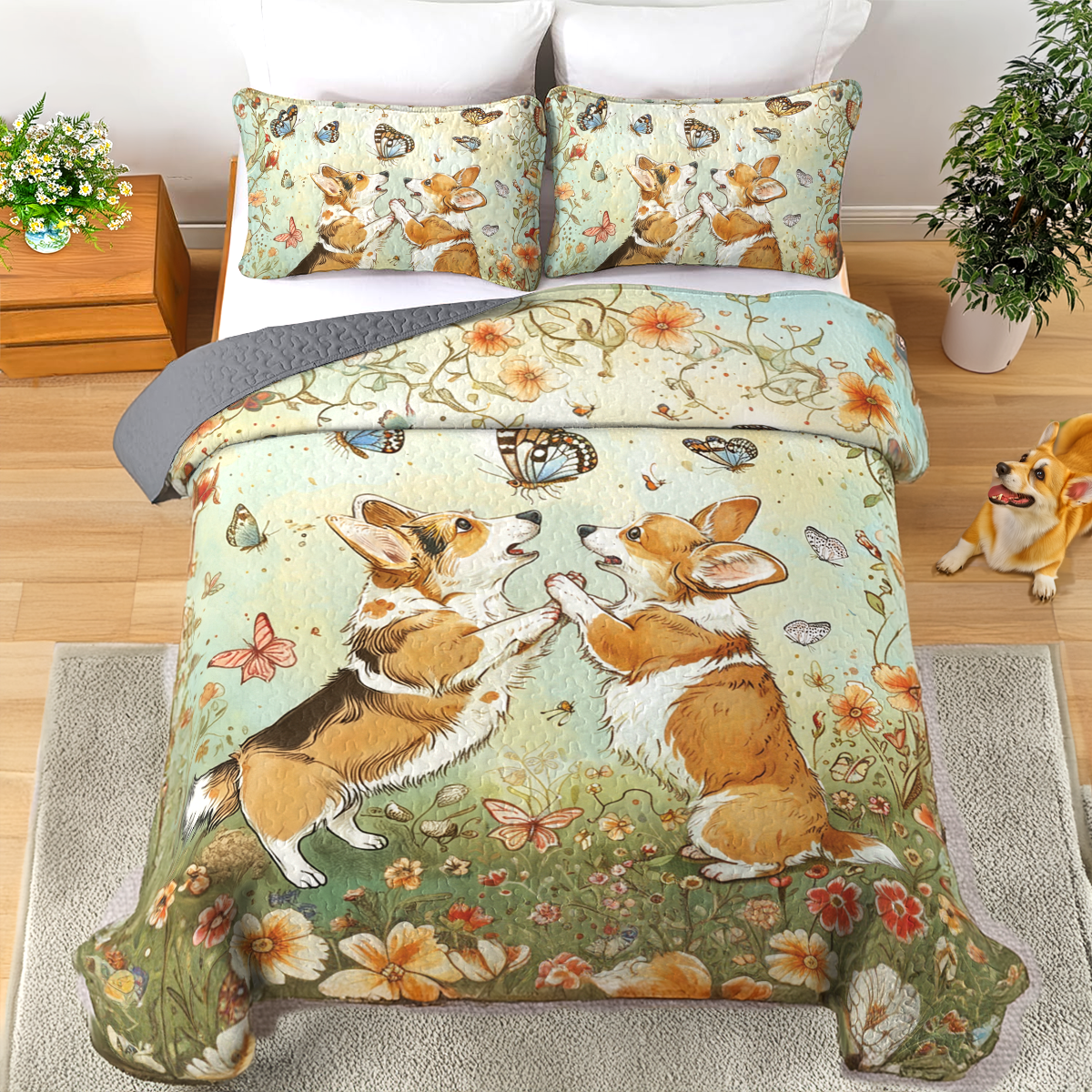 Shineful All Season Quilt 3-Piece Set Corgi Bone Buddies