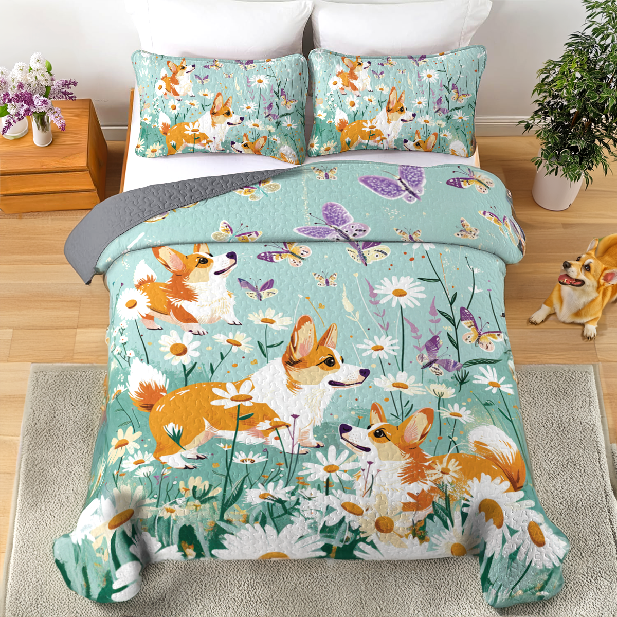 Ensemble de courtepointe toutes saisons Shineful 3 pièces Corgi Daisy Dreams