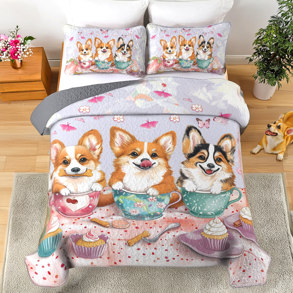 Shineful All Season Quilt 3-Piece Set Pink Tea Party Corgis