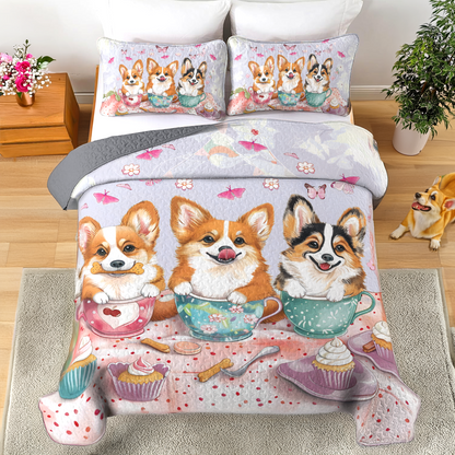 Shineful All Season Quilt 3-Piece Set Pink Tea Party Corgis