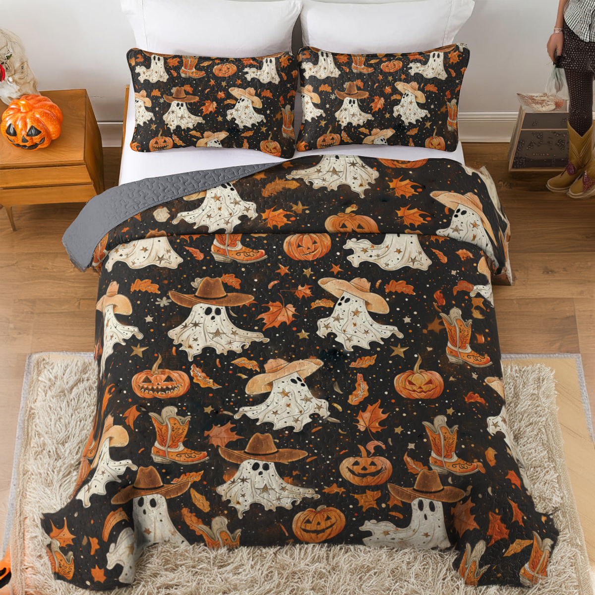 Shineful All Season Quilt 3-Piece Set Brown Ghostly Cowboy