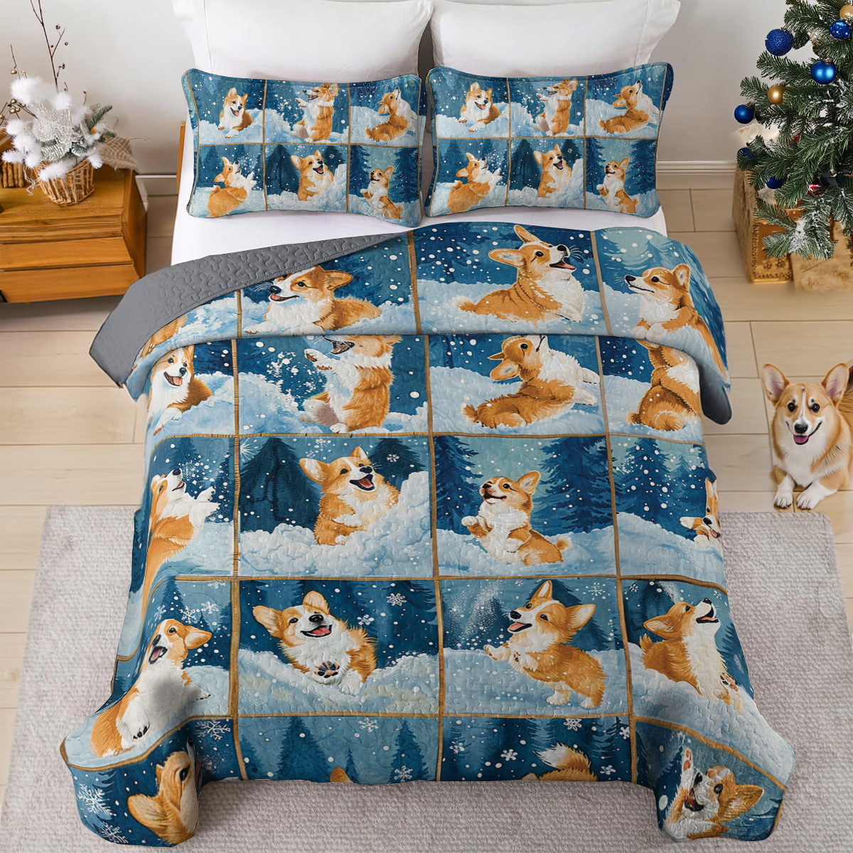 Shineful All Season Quilt 3-Piece Set Winter Corgi Joy