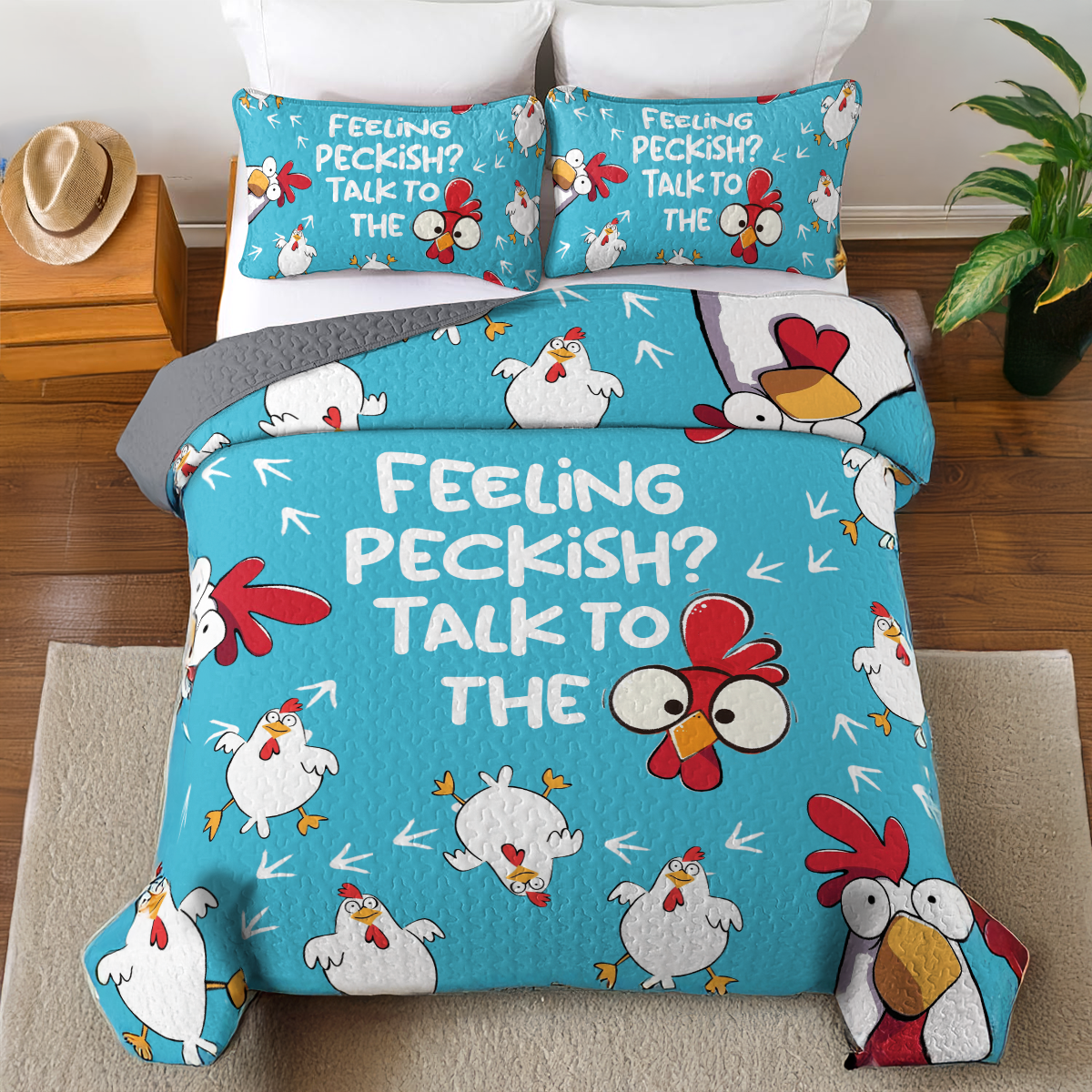 Shineful All Season Quilt 3-teiliges Set Talk to the Chicken Blau